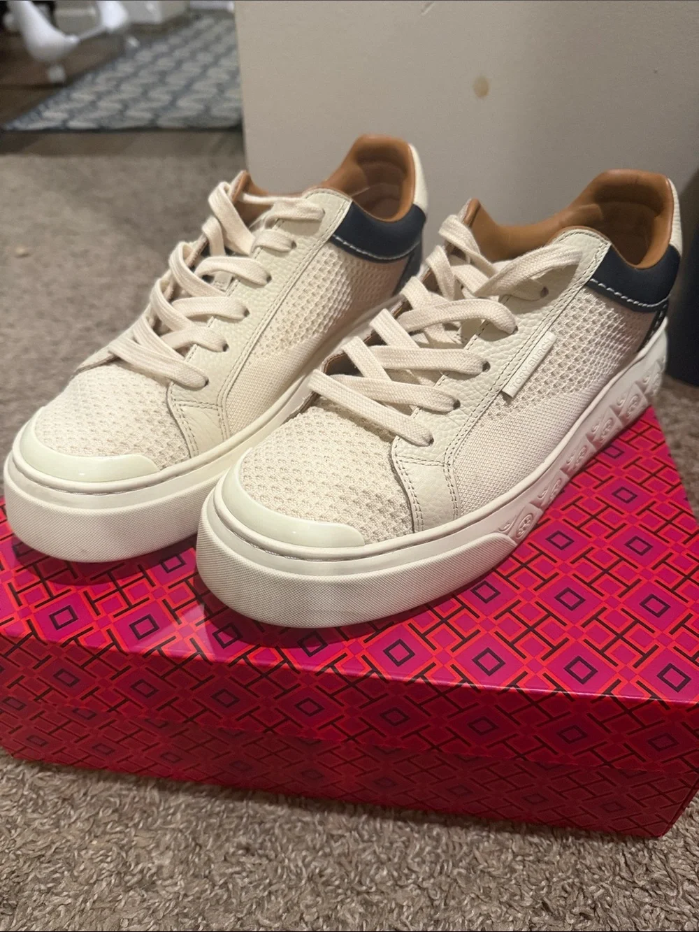 Tory Burch Cream Knit Platform Sneakers with Navy Heel